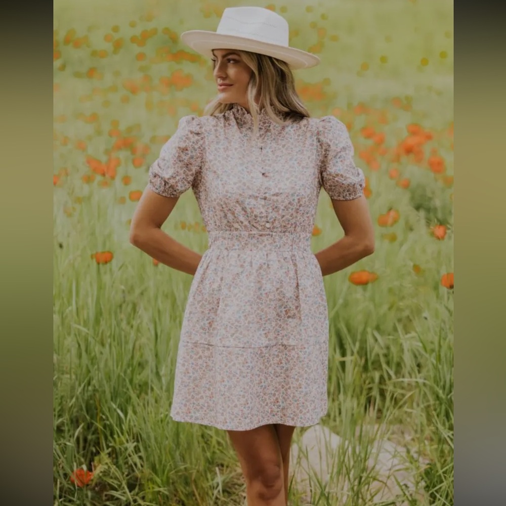 Roolee Raelynn Floral Puff Sleeve Dress Cottagecore Button Front Mini NWT